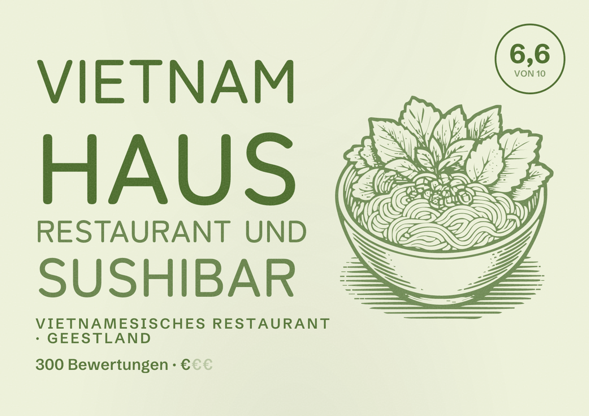 Illustriertes Poster von Vietnam Haus Restaurant und Sushibar, Vietnamesisches Restaurant in Geestland: Bewertung 6,6 von 10 aus 300 Bewertungen, Preisniveau €