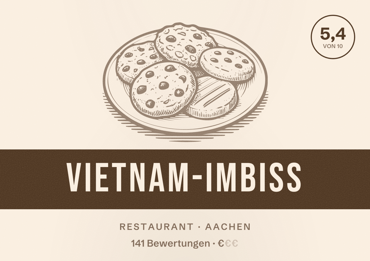 Illustriertes Poster von Vietnam-Imbiss, Restaurant in Aachen: Bewertung 5,4 von 10 aus 141 Bewertungen, Preisniveau €