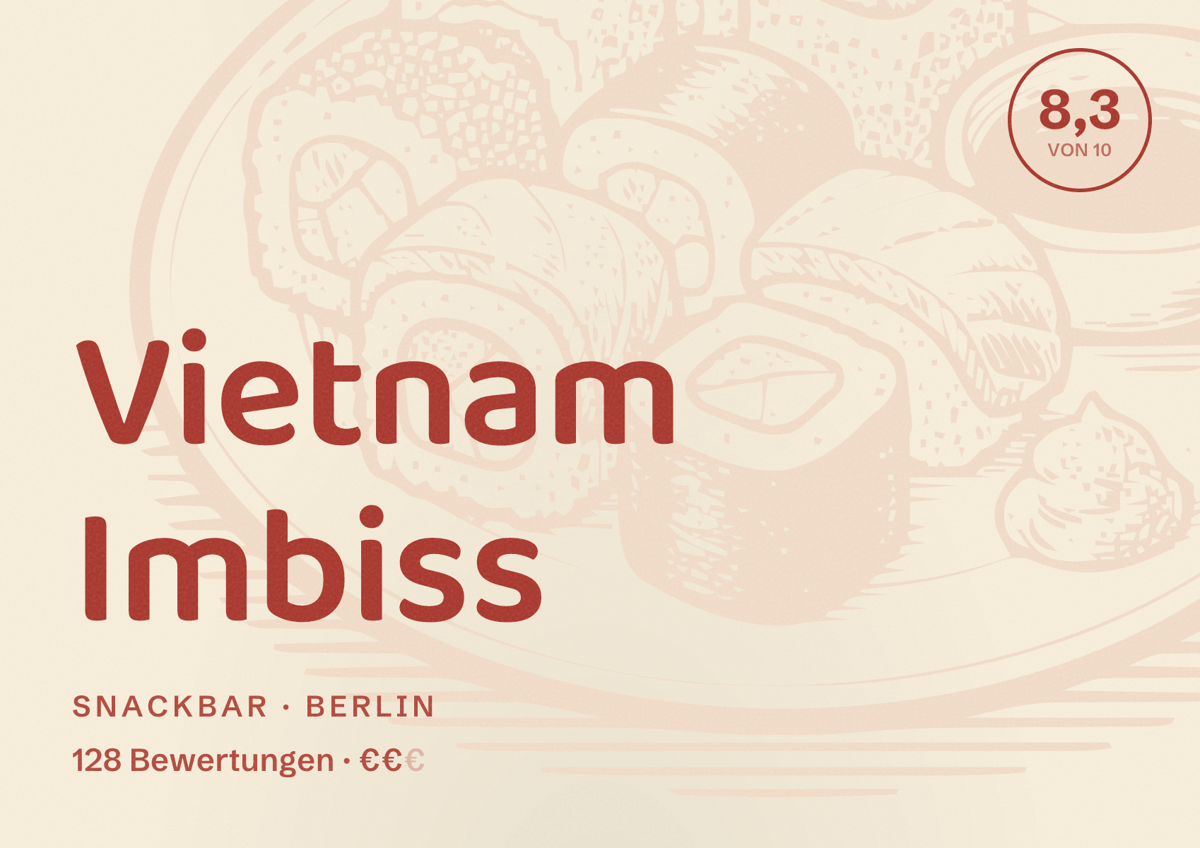 Illustriertes Poster von Vietnam Imbiss, Snackbar in Berlin: Bewertung 8,3 von 10 aus 128 Bewertungen, Preisniveau €€