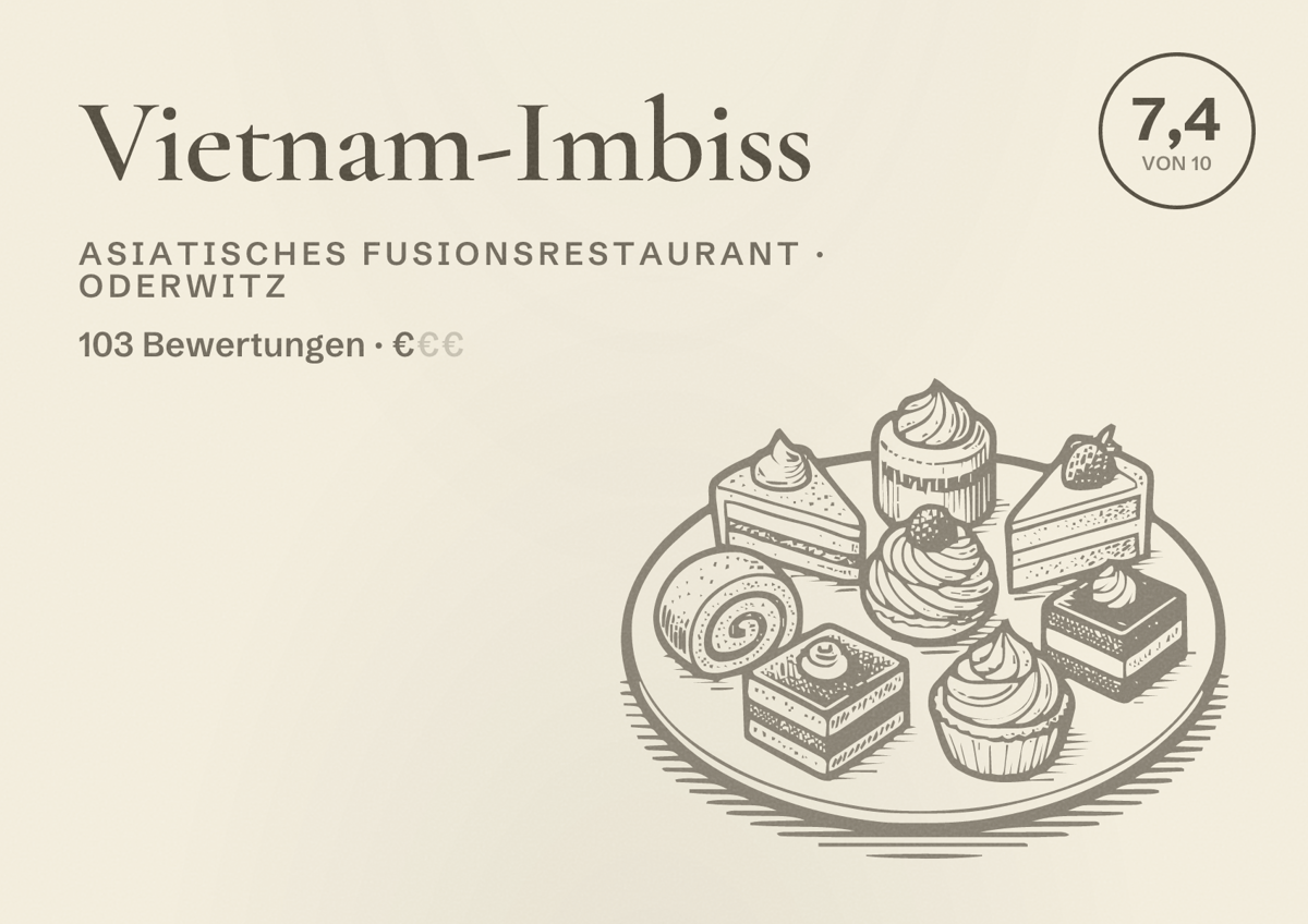 Illustriertes Poster von Vietnam-Imbiss, Asiatisches Fusionsrestaurant in Oderwitz: Bewertung 7,4 von 10 aus 103 Bewertungen, Preisniveau €