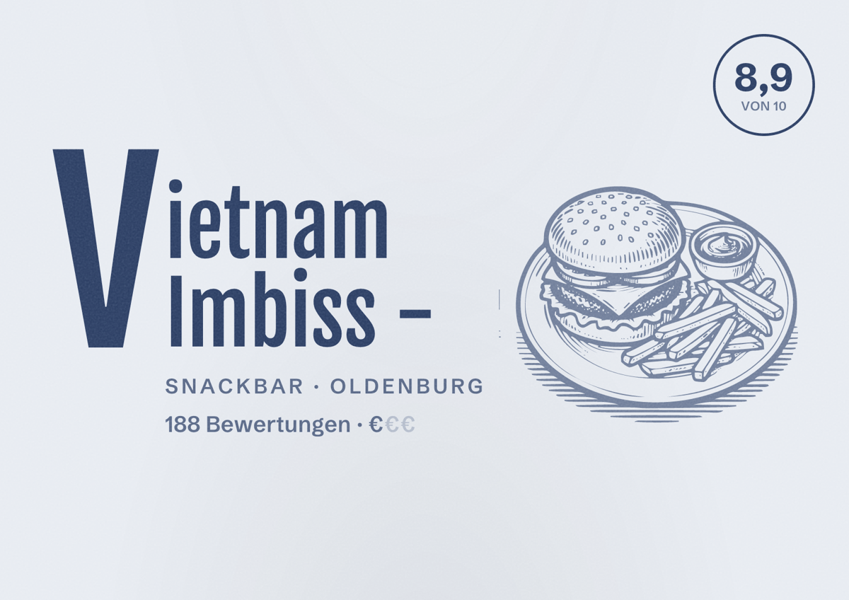Illustriertes Poster von Vietnam Imbiss -, Snackbar in Oldenburg: Bewertung 8,9 von 10 aus 188 Bewertungen, Preisniveau €