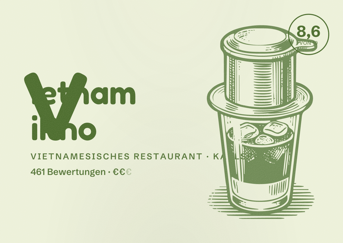 Illustriertes Poster von Vietnam iPho, Vietnamesisches Restaurant in Karlsruhe: Bewertung 8,6 von 10 aus 461 Bewertungen, Preisniveau €€