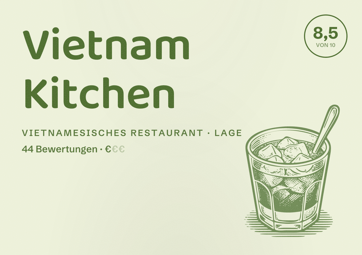 Illustriertes Poster von Vietnam Kitchen, Vietnamesisches Restaurant in Lage: Bewertung 8,5 von 10 aus 44 Bewertungen, Preisniveau €