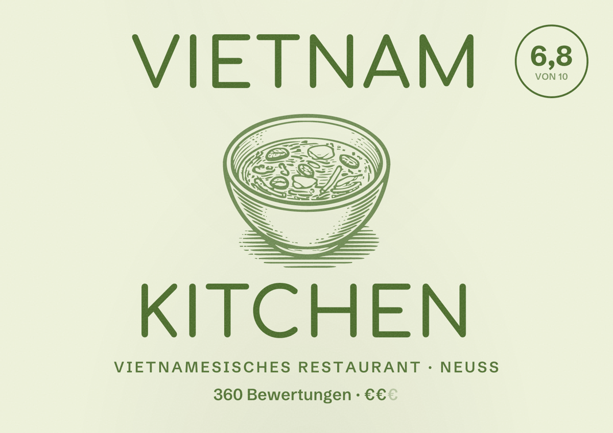 Illustriertes Poster von Vietnam Kitchen, Vietnamesisches Restaurant in Neuss: Bewertung 6,8 von 10 aus 360 Bewertungen, Preisniveau €€