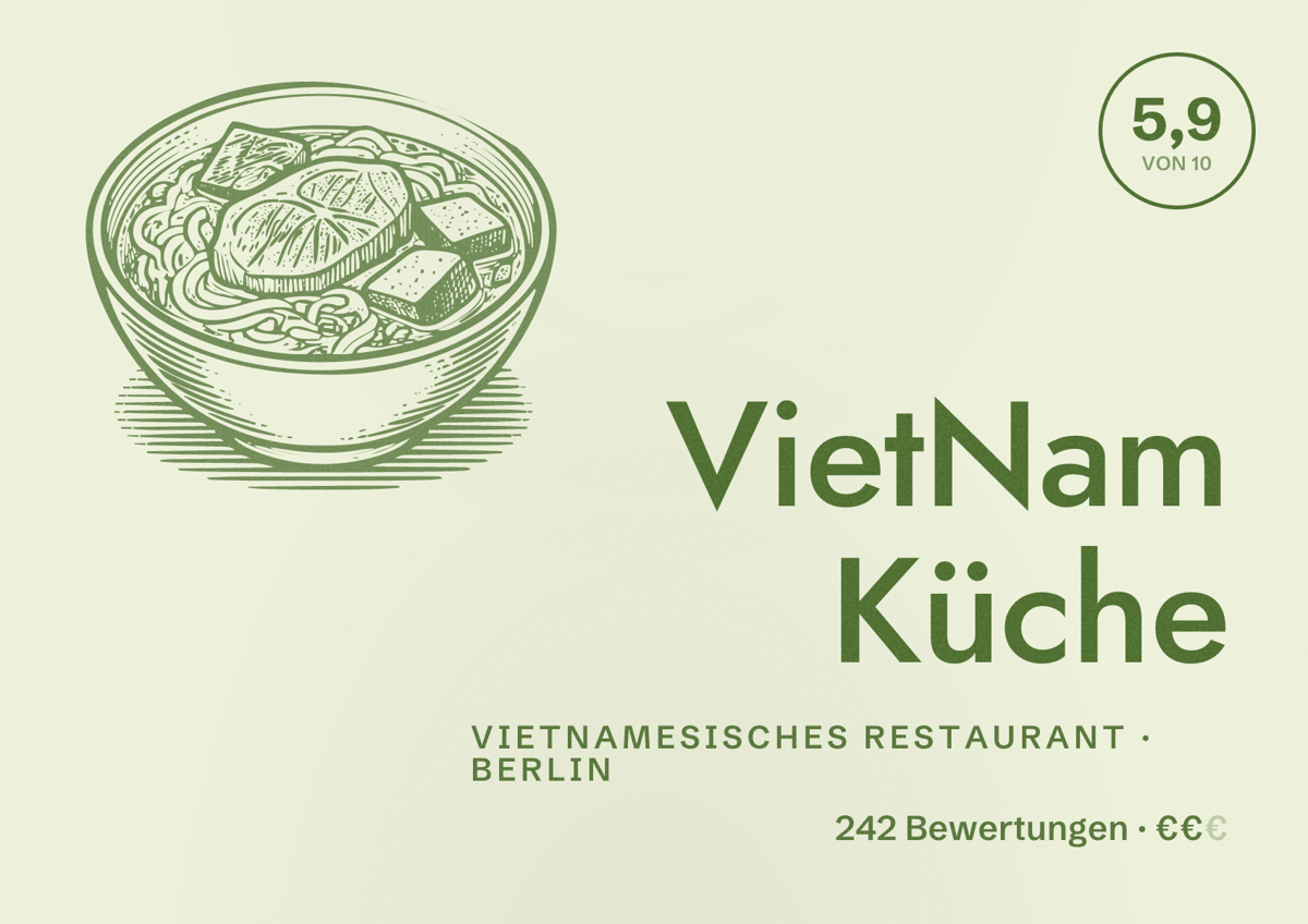 Illustriertes Poster von VietNam Küche, Vietnamesisches Restaurant in Berlin: Bewertung 5,9 von 10 aus 242 Bewertungen, Preisniveau €€