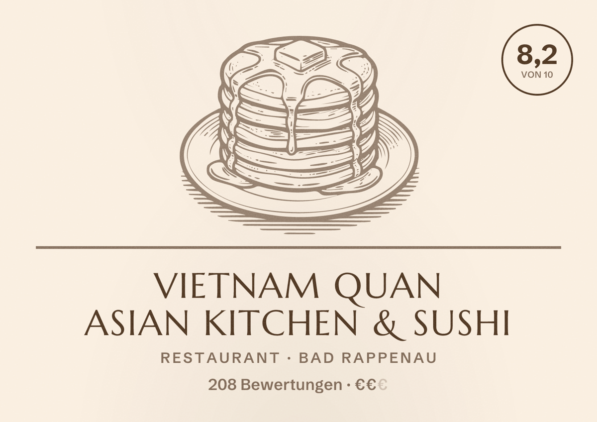 Illustriertes Poster von Vietnam Quan Asian Kitchen & Sushi, Restaurant in Bad Rappenau: Bewertung 8,2 von 10 aus 208 Bewertungen, Preisniveau €€