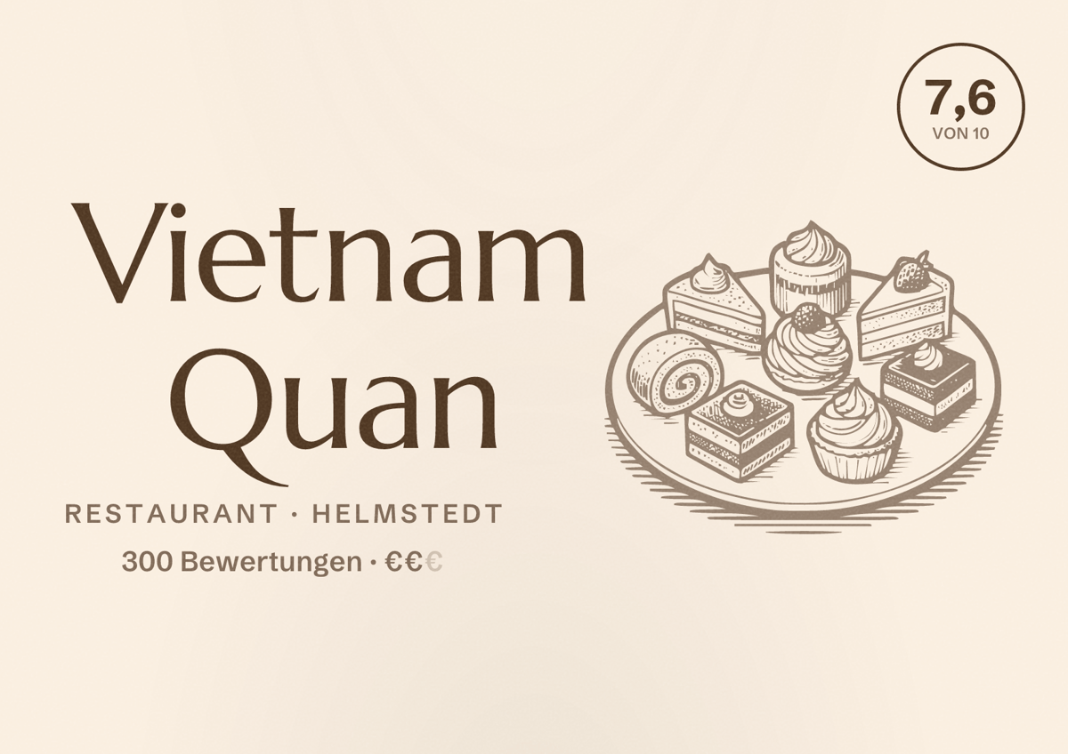 Illustriertes Poster von Vietnam Quan, Restaurant in Helmstedt: Bewertung 7,6 von 10 aus 300 Bewertungen, Preisniveau €€