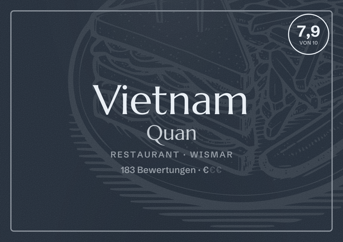 Illustriertes Poster von Vietnam Quan, Restaurant in Wismar: Bewertung 7,9 von 10 aus 183 Bewertungen, Preisniveau €