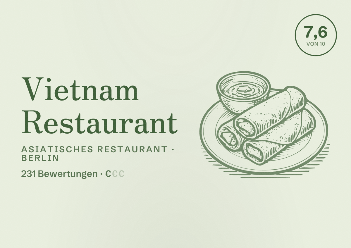 Illustriertes Poster von Vietnam Restaurant, Asiatisches Restaurant in Berlin: Bewertung 7,6 von 10 aus 231 Bewertungen, Preisniveau €