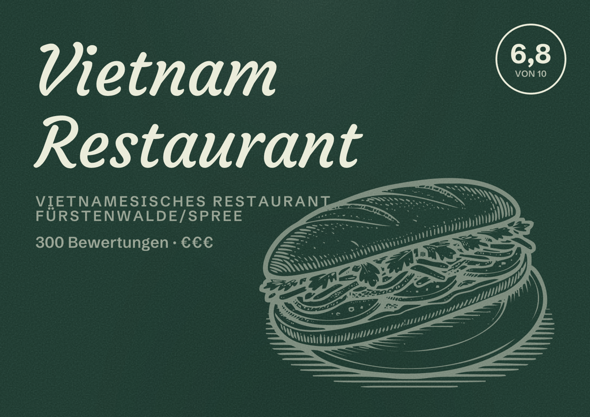 Illustriertes Poster von Vietnam Restaurant, Vietnamesisches Restaurant in Fürstenwalde/Spree: Bewertung 6,8 von 10 aus 300 Bewertungen, Preisniveau €€€
