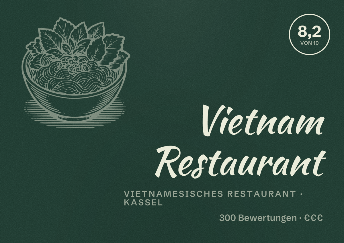 Illustriertes Poster von Vietnam Restaurant, Vietnamesisches Restaurant in Kassel: Bewertung 8,2 von 10 aus 300 Bewertungen, Preisniveau €€€