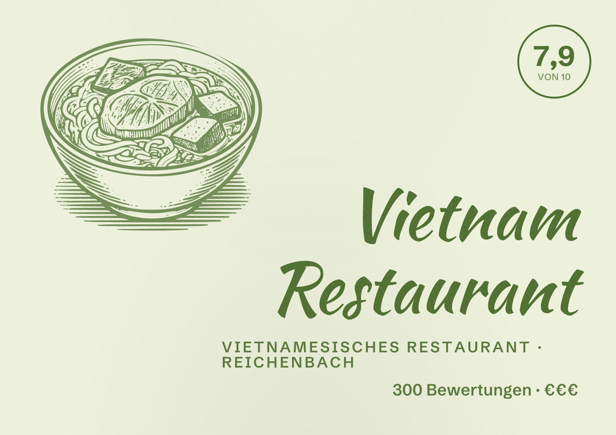 Illustriertes Poster von Vietnam Restaurant, Vietnamesisches Restaurant in Reichenbach: Bewertung 7,9 von 10 aus 300 Bewertungen, Preisniveau €€€