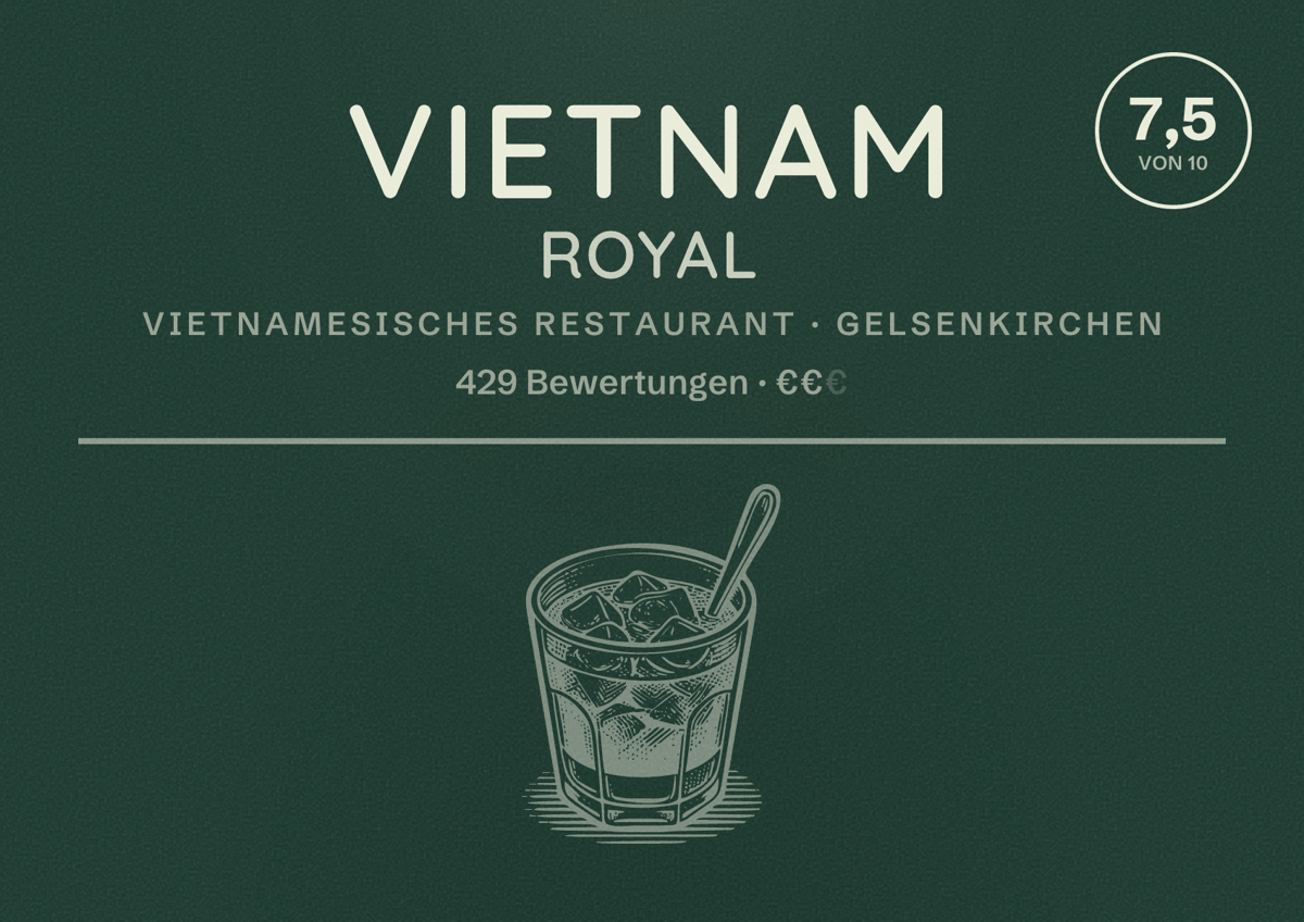 Illustriertes Poster von Vietnam Royal, Vietnamesisches Restaurant in Gelsenkirchen: Bewertung 7,5 von 10 aus 429 Bewertungen, Preisniveau €€