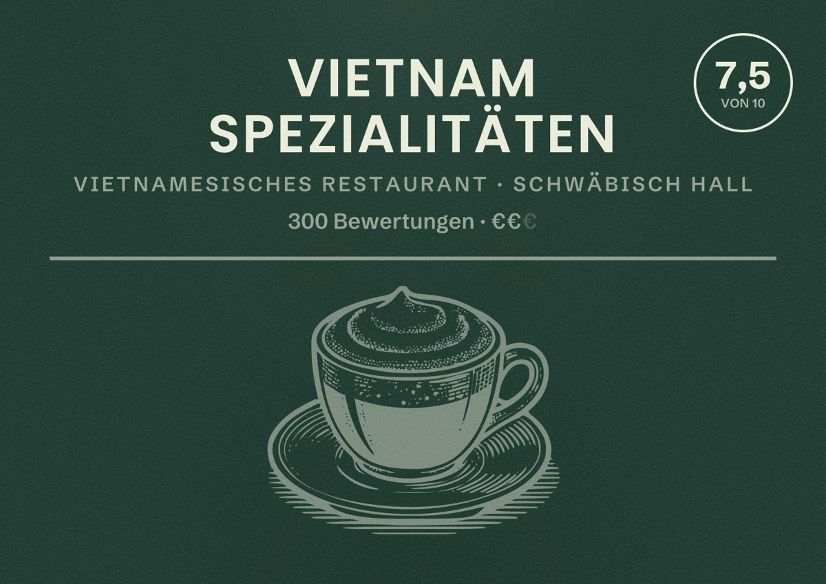 Illustriertes Poster von Vietnam Spezialitäten, Vietnamesisches Restaurant in Schwäbisch Hall: Bewertung 7,5 von 10 aus 300 Bewertungen, Preisniveau €€
