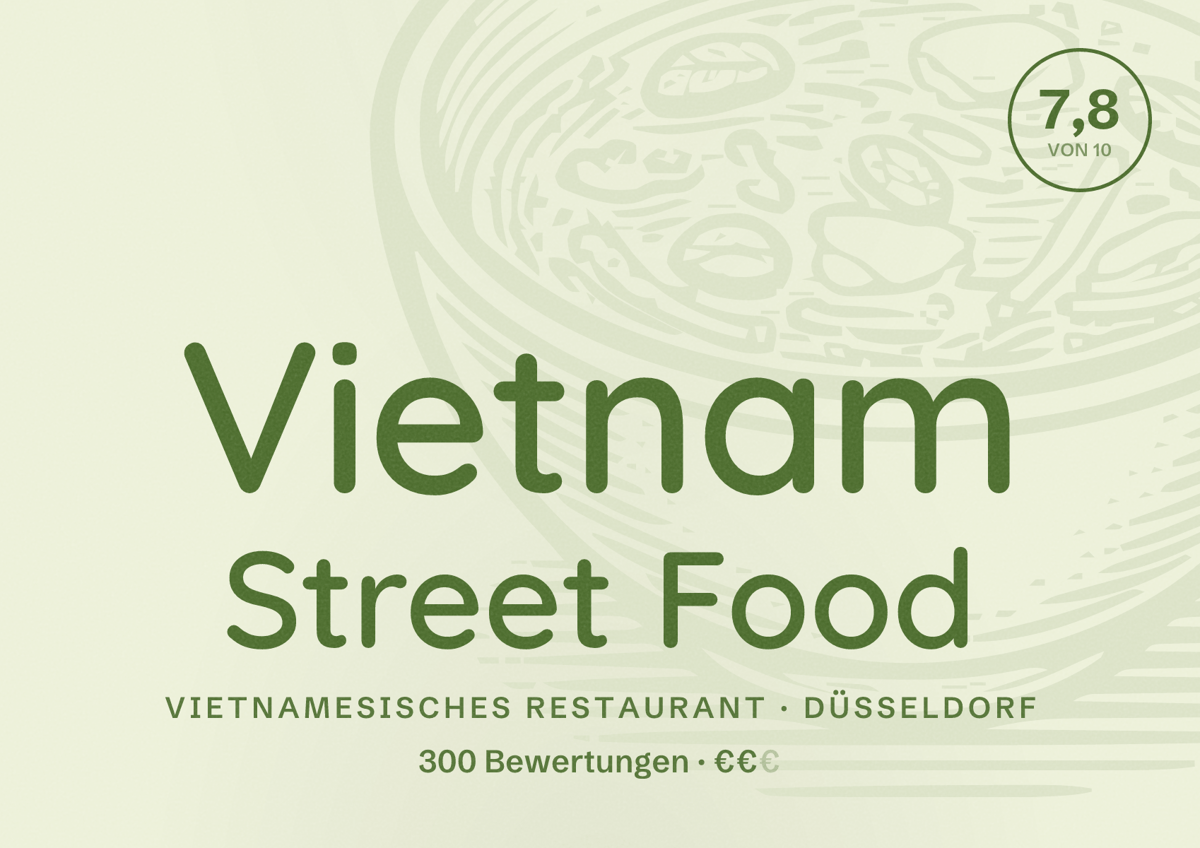 Illustriertes Poster von Vietnam Street Food, Vietnamesisches Restaurant in Düsseldorf: Bewertung 7,8 von 10 aus 300 Bewertungen, Preisniveau €€