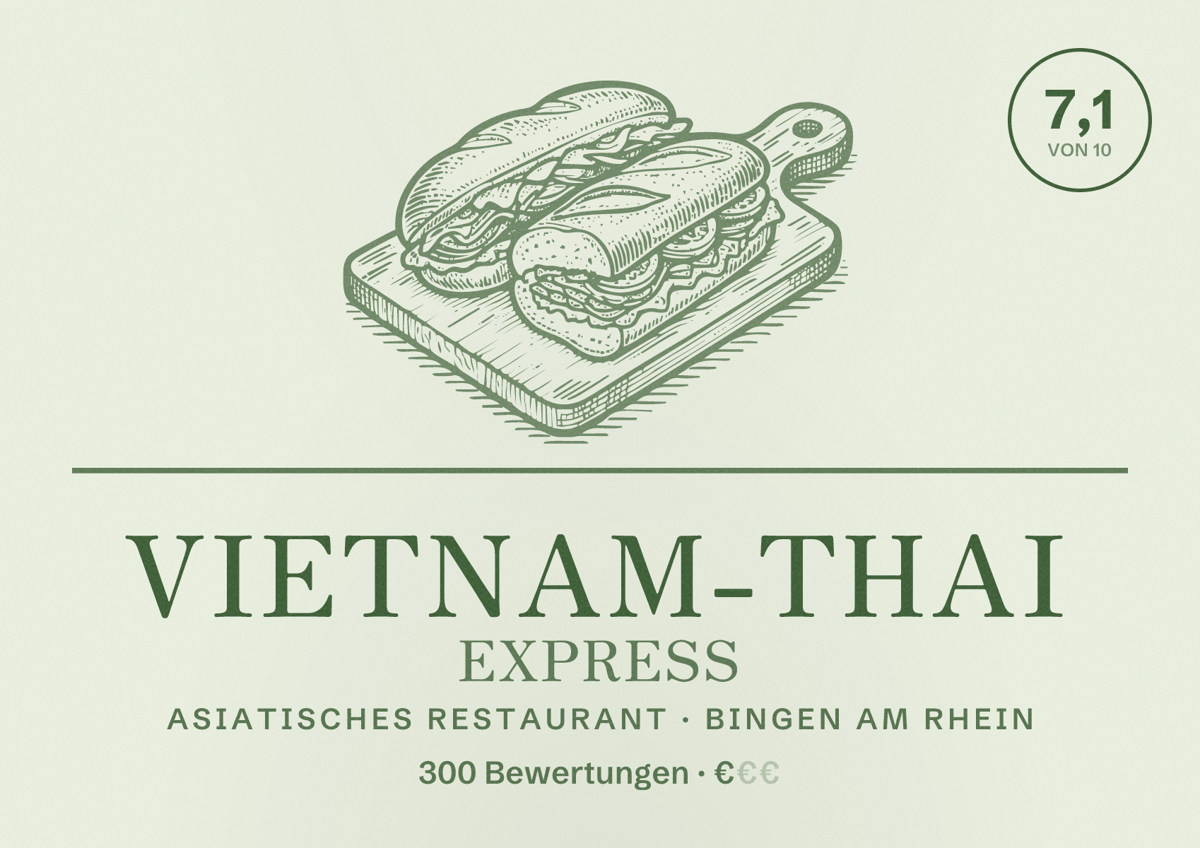 Illustriertes Poster von Vietnam-Thai Express, Asiatisches Restaurant in Bingen am Rhein: Bewertung 7,1 von 10 aus 300 Bewertungen, Preisniveau €