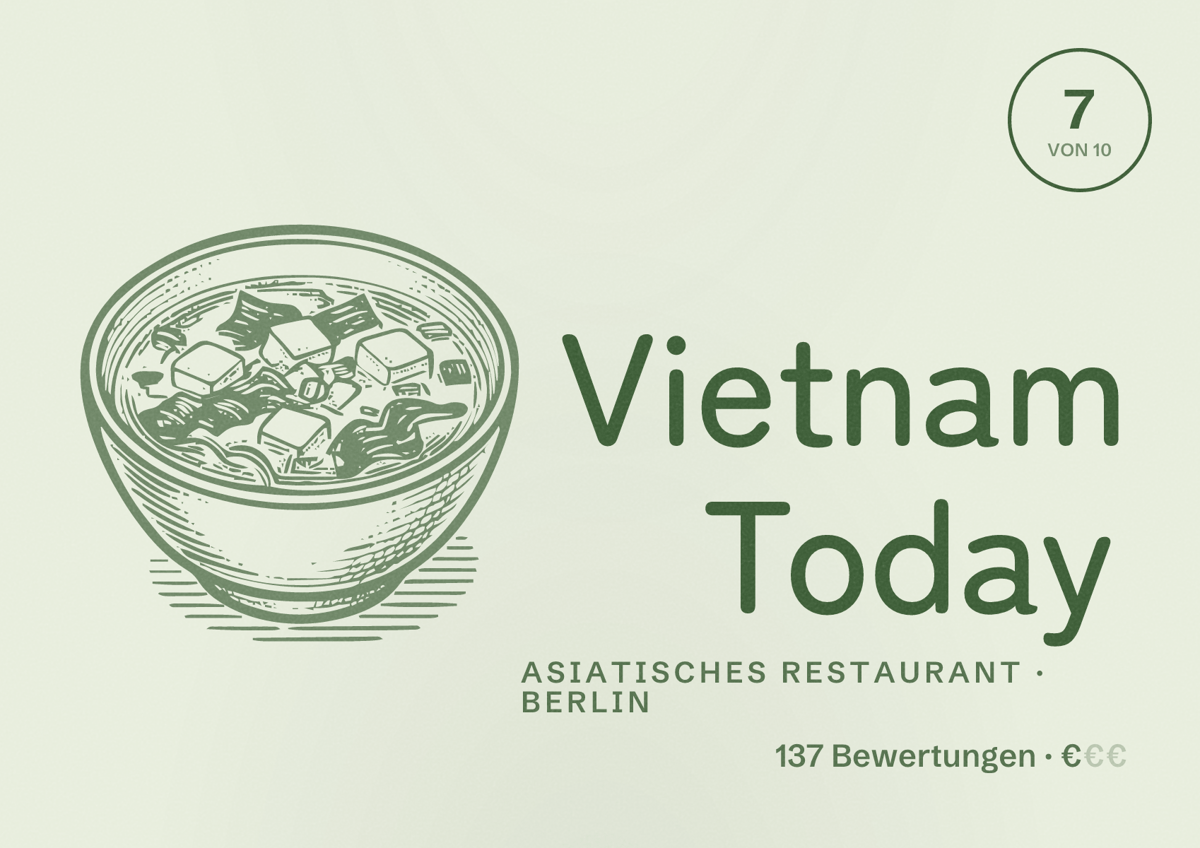 Illustriertes Poster von Vietnam Today, Asiatisches Restaurant in Berlin: Bewertung 7,0 von 10 aus 137 Bewertungen, Preisniveau €