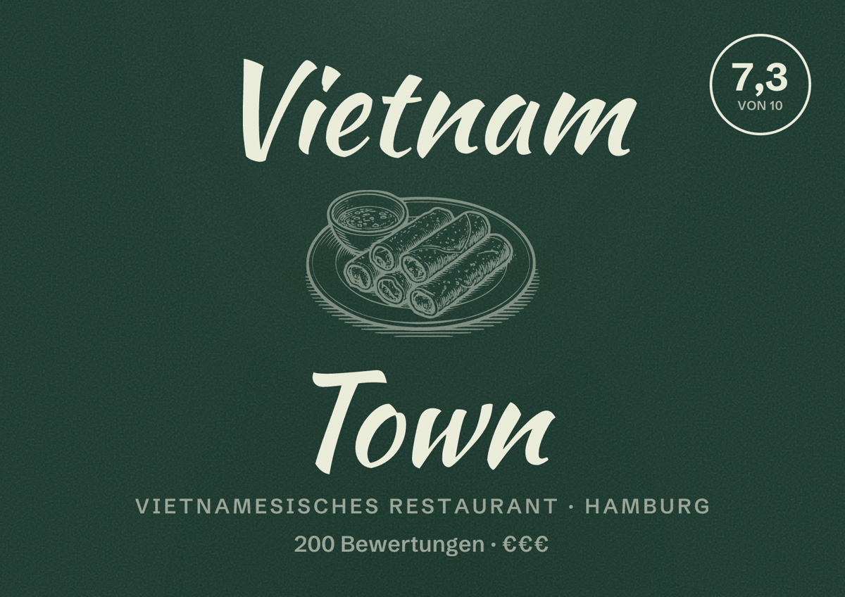 Illustriertes Poster von Vietnam Town, Vietnamesisches Restaurant in Hamburg: Bewertung 7,3 von 10 aus 200 Bewertungen, Preisniveau €€€