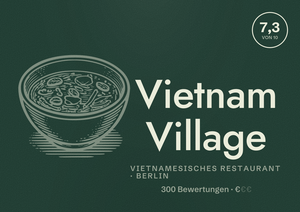 Illustriertes Poster von Vietnam Village, Vietnamesisches Restaurant in Berlin: Bewertung 7,3 von 10 aus 300 Bewertungen, Preisniveau €