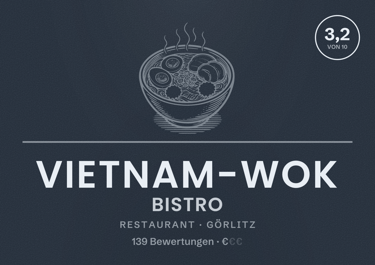 Illustriertes Poster von Vietnam-Wok Bistro, Restaurant in Görlitz: Bewertung 3,2 von 10 aus 139 Bewertungen, Preisniveau €