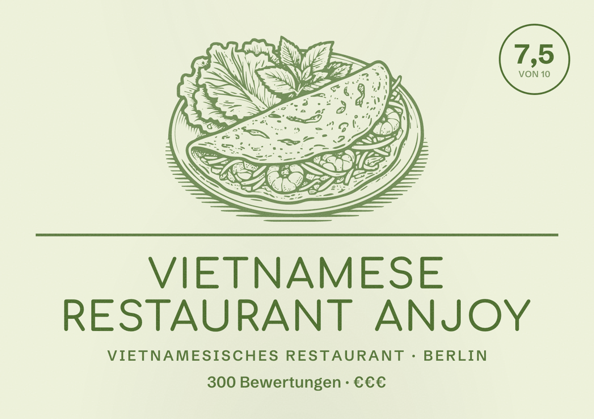 Illustriertes Poster von Vietnamese Restaurant Anjoy, Vietnamesisches Restaurant in Berlin: Bewertung 7,5 von 10 aus 300 Bewertungen, Preisniveau €€€