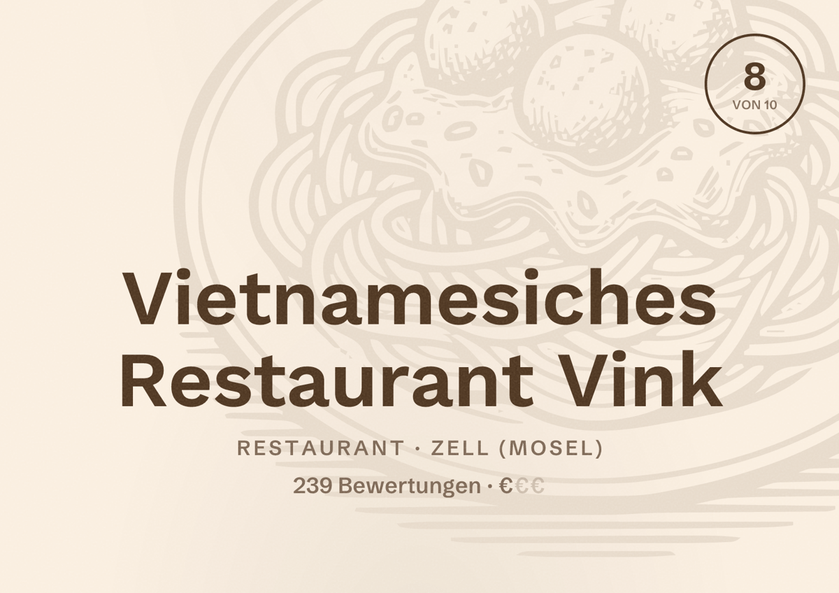 Illustriertes Poster von Vietnamesiches Restaurant Vink, Restaurant in Zell (Mosel): Bewertung 8 von 10 aus 239 Bewertungen, Preisniveau €