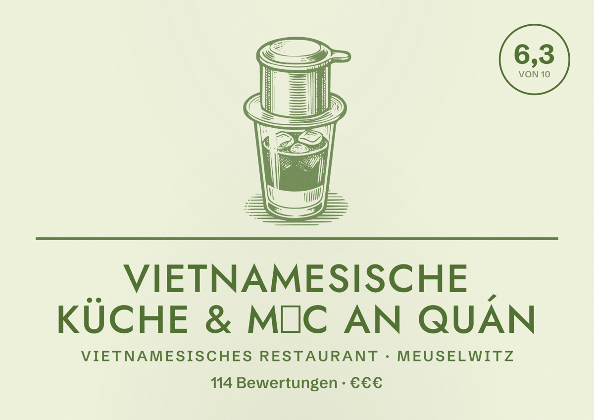 Illustriertes Poster von Vietnamesische Küche & Mộc An Quán, Vietnamesisches Restaurant in Meuselwitz: Bewertung 6,3 von 10 aus 114 Bewertungen, Preisniveau €€€