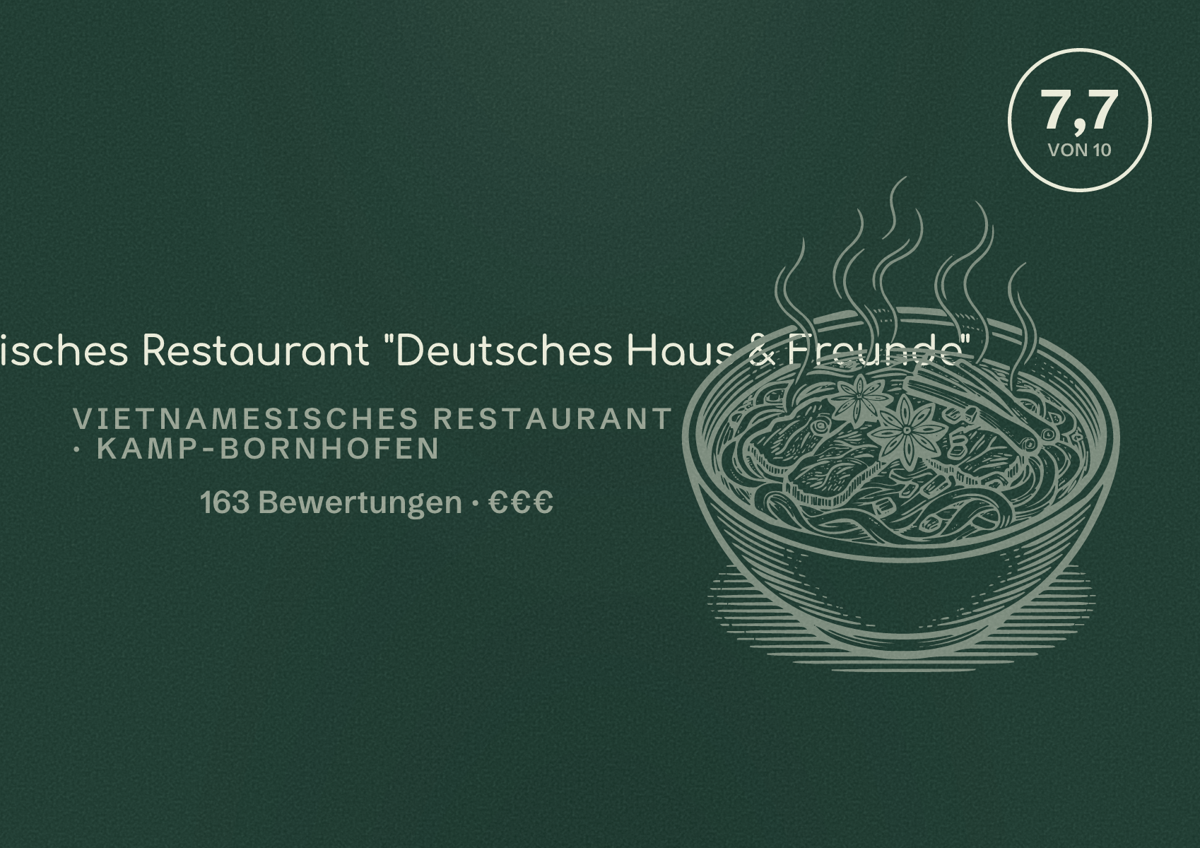 Illustriertes Poster von Vietnamesisches Restaurant "Deutsches Haus & Freunde", Vietnamesisches Restaurant in Kamp-Bornhofen: Bewertung 7,7 von 10 aus 163 Bewertungen, Preisniveau €€€