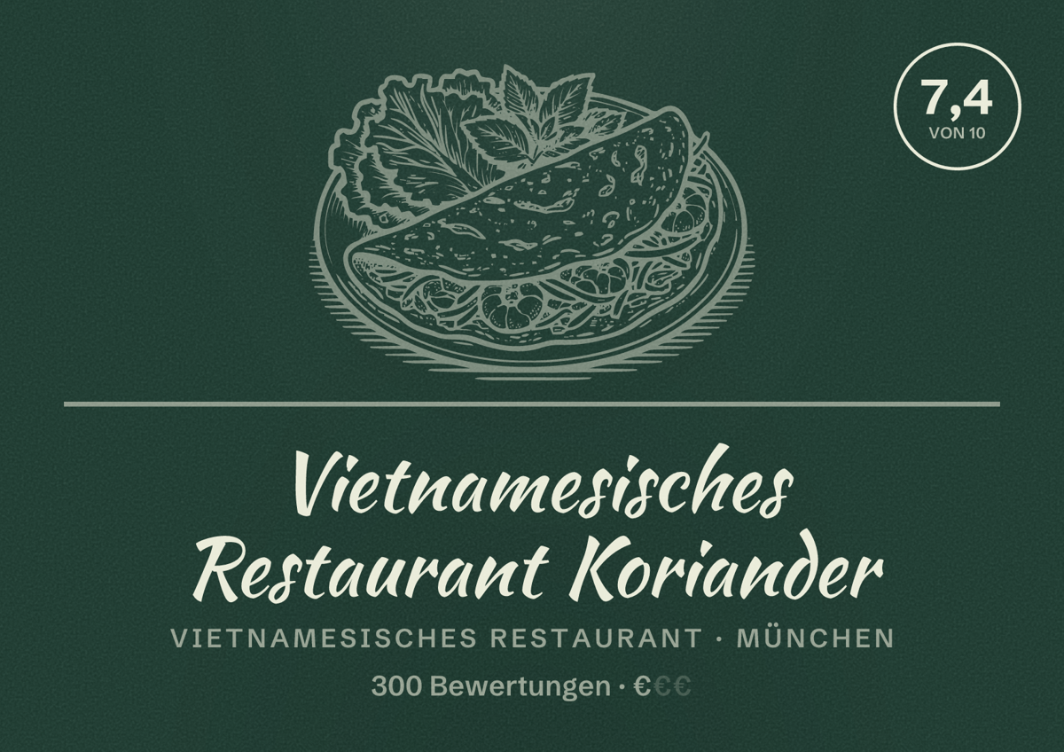 Illustriertes Poster von Vietnamesisches Restaurant Koriander, Vietnamesisches Restaurant in München: Bewertung 7,4 von 10 aus 300 Bewertungen, Preisniveau €