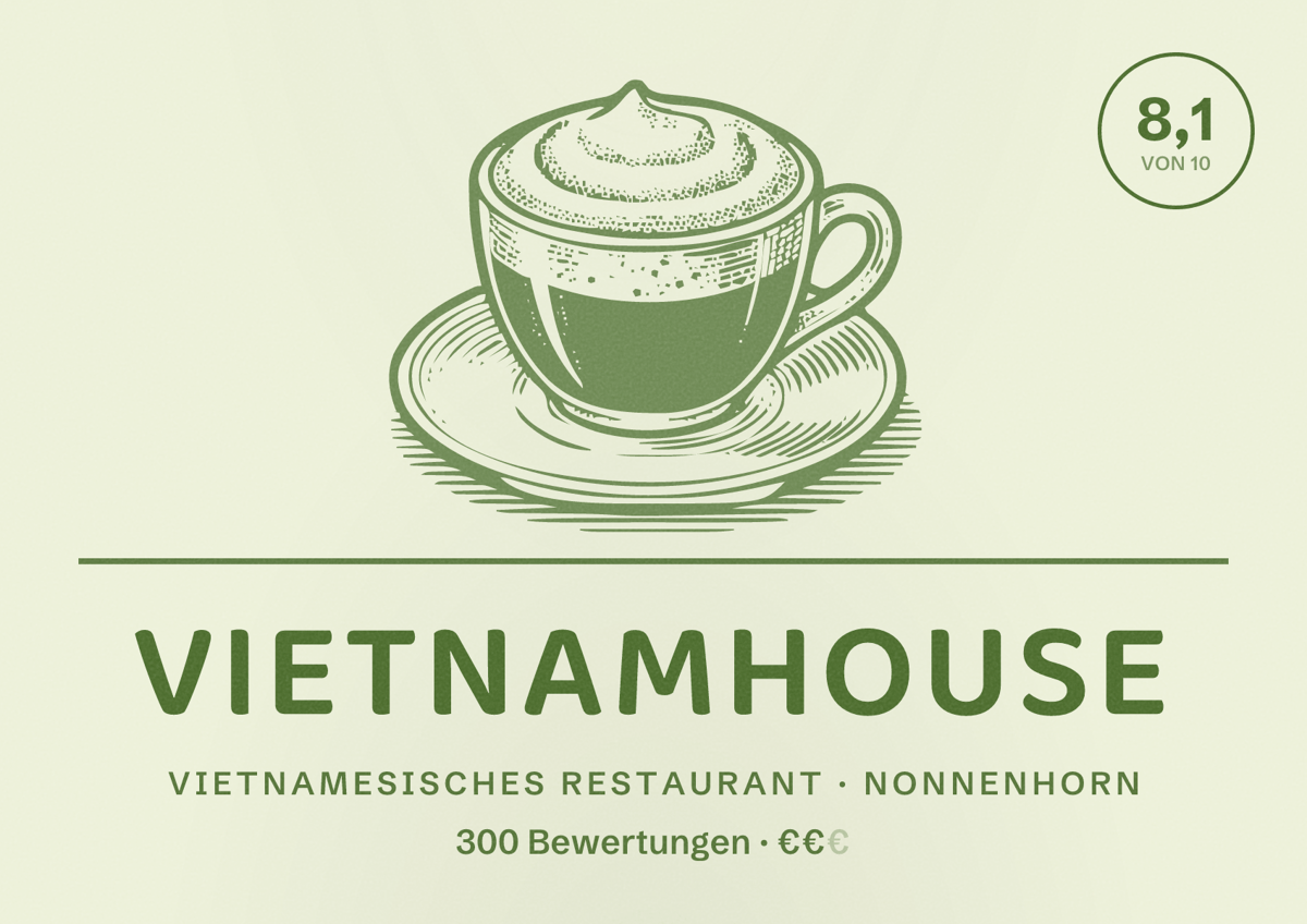 Illustriertes Poster von Vietnamhouse, Vietnamesisches Restaurant in Nonnenhorn: Bewertung 8,1 von 10 aus 300 Bewertungen, Preisniveau €€