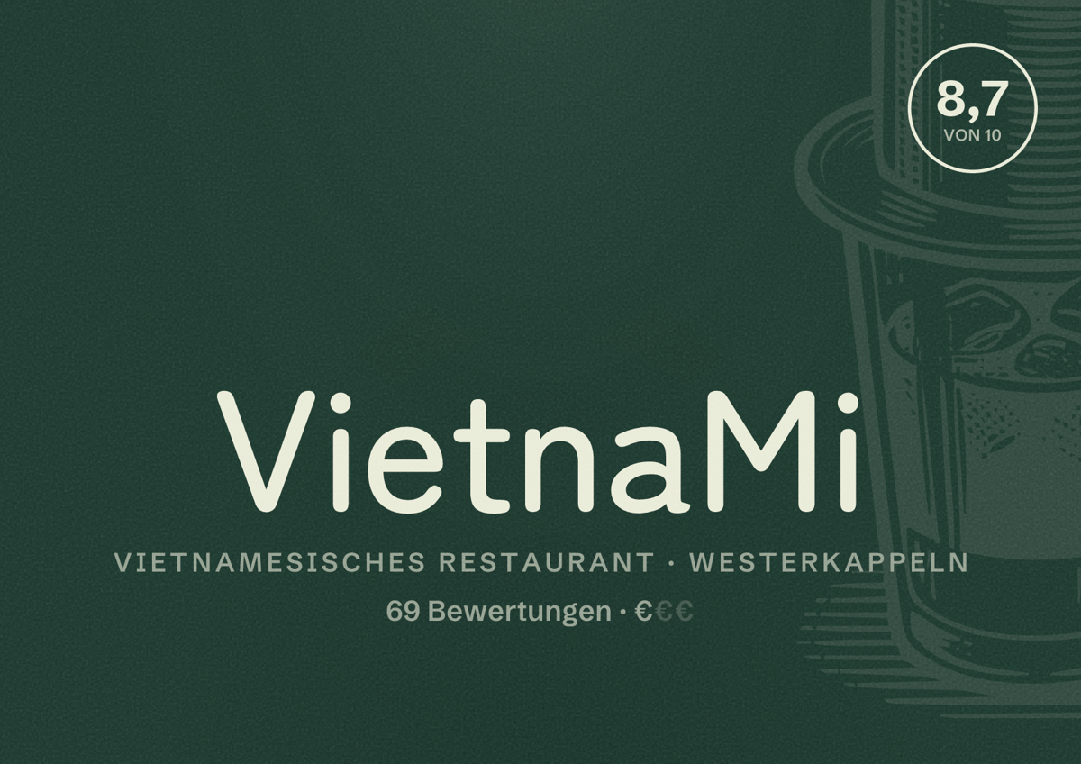 Illustriertes Poster von VietnaMi, Vietnamesisches Restaurant in Westerkappeln: Bewertung 8,7 von 10 aus 69 Bewertungen, Preisniveau €
