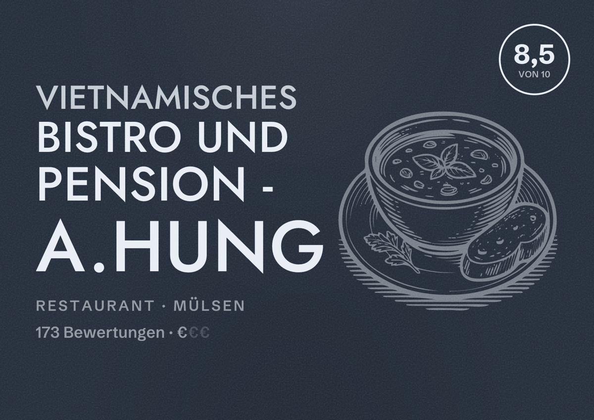 Illustriertes Poster von Vietnamisches Bistro und Pension - A.Hung, Restaurant in Mülsen: Bewertung 8,5 von 10 aus 173 Bewertungen, Preisniveau €