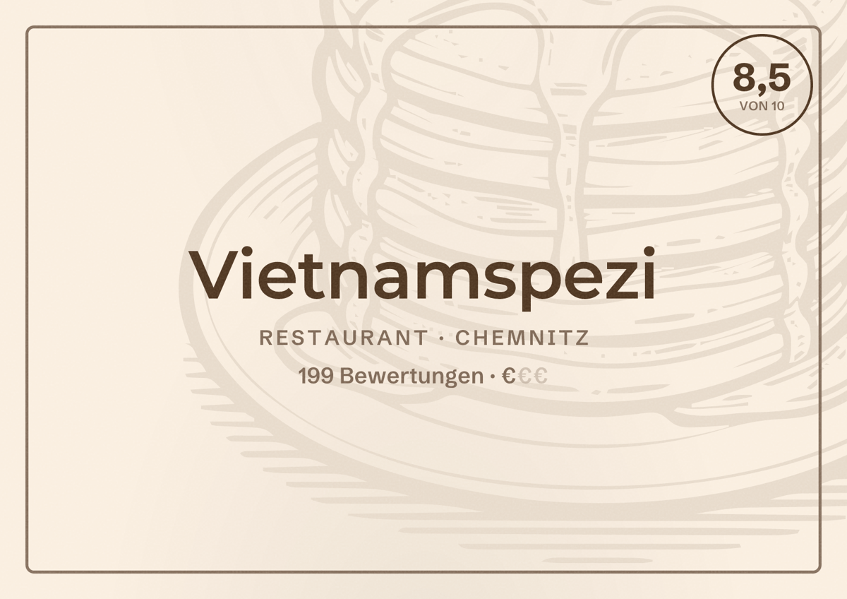 Illustriertes Poster von Vietnamspezi, Restaurant in Chemnitz: Bewertung 8,5 von 10 aus 199 Bewertungen, Preisniveau €