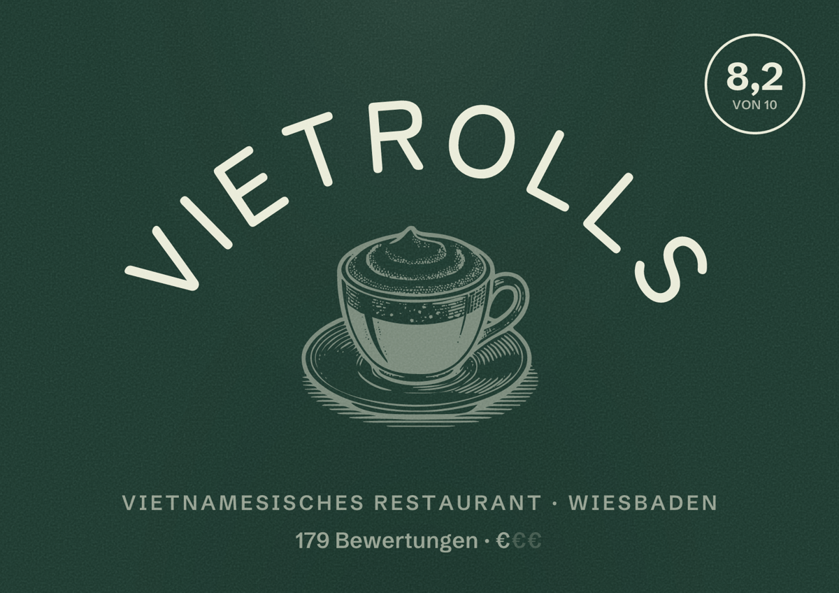 Illustriertes Poster von VietRolls, Vietnamesisches Restaurant in Wiesbaden: Bewertung 8,2 von 10 aus 179 Bewertungen, Preisniveau €