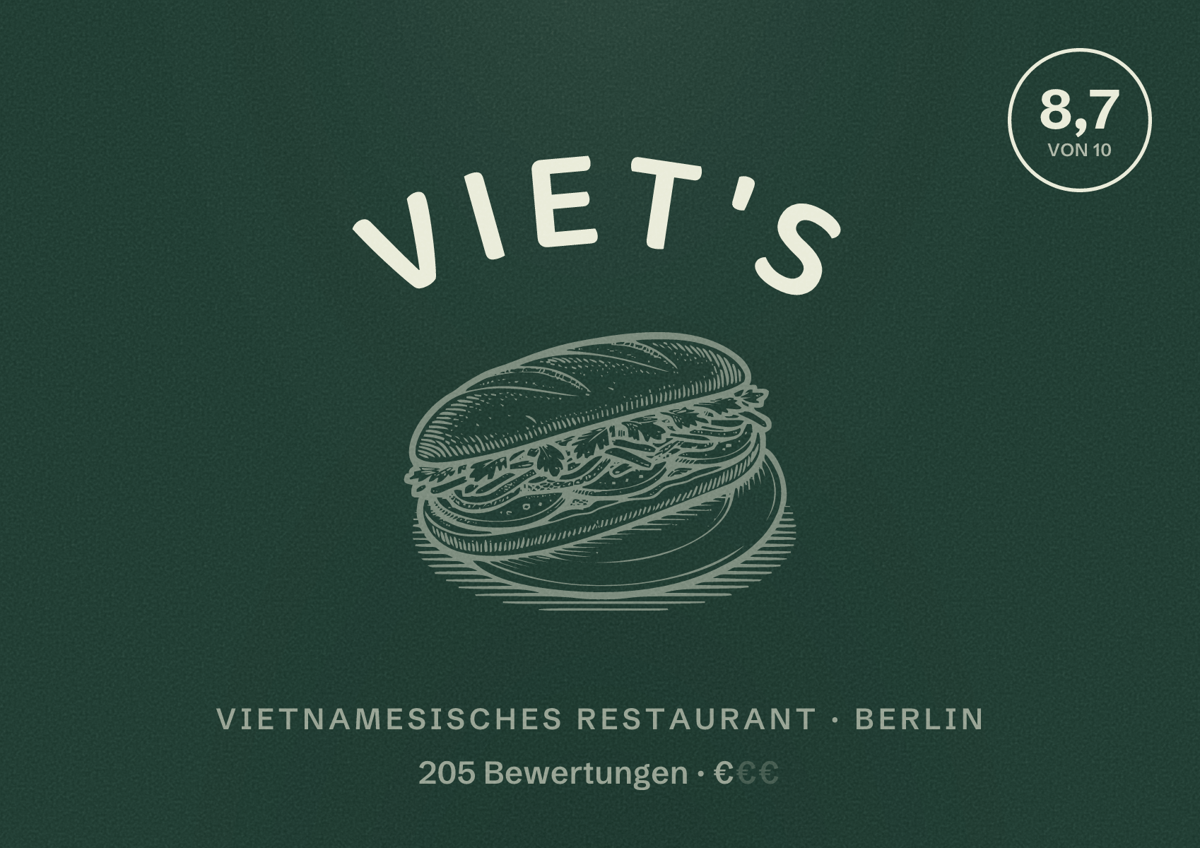 Illustriertes Poster von Viet'S, Vietnamesisches Restaurant in Berlin: Bewertung 8,7 von 10 aus 205 Bewertungen, Preisniveau €