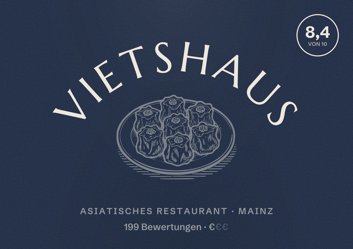 Illustriertes Poster von vietshaus, Asiatisches Restaurant in Mainz: Bewertung 8,4 von 10 aus 199 Bewertungen, Preisniveau €