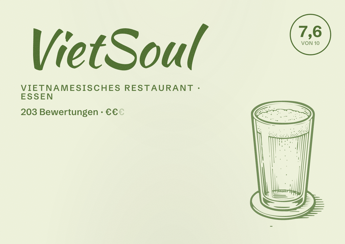 Illustriertes Poster von VietSoul, Vietnamesisches Restaurant in Essen: Gästebewertung 7,6 von 10 aus 203 Bewertungen