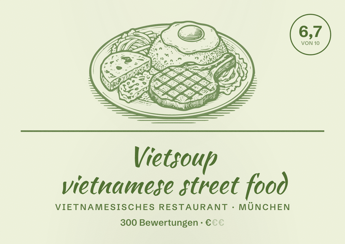 Illustriertes Poster von Vietsoup vietnamese street food, Vietnamesisches Restaurant in München: Bewertung 6,7 von 10 aus 300 Bewertungen, Preisniveau €