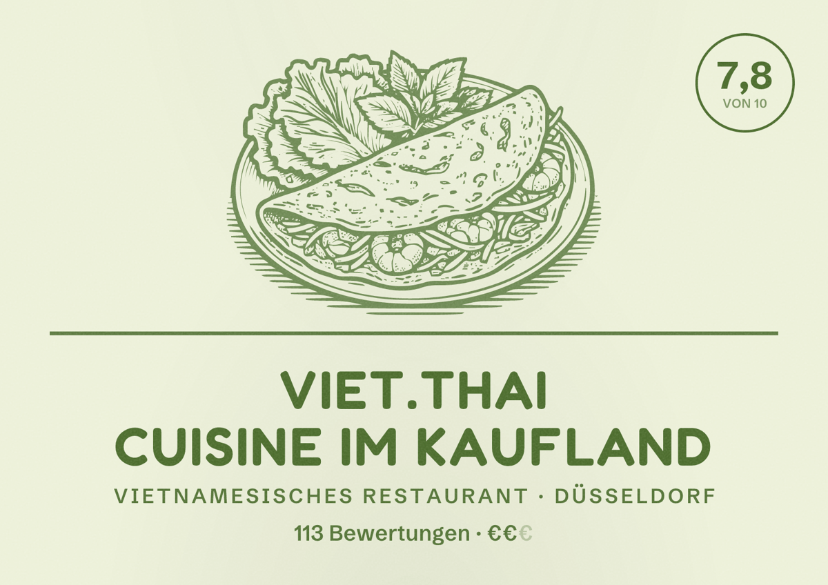 Illustriertes Poster von Viet.Thai Cuisine im Kaufland, Vietnamesisches Restaurant in Düsseldorf: Bewertung 7,8 von 10 aus 113 Bewertungen, Preisniveau €€