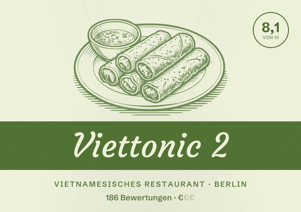 Illustriertes Poster von Viettonic 2, Vietnamesisches Restaurant in Berlin: Bewertung 8,1 von 10 aus 186 Bewertungen, Preisniveau €