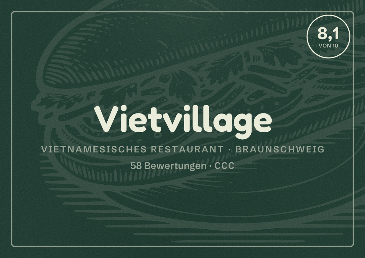 Illustriertes Poster von Vietvillage, Vietnamesisches Restaurant in Braunschweig: Bewertung 8,1 von 10 aus 58 Bewertungen, Preisniveau €€€