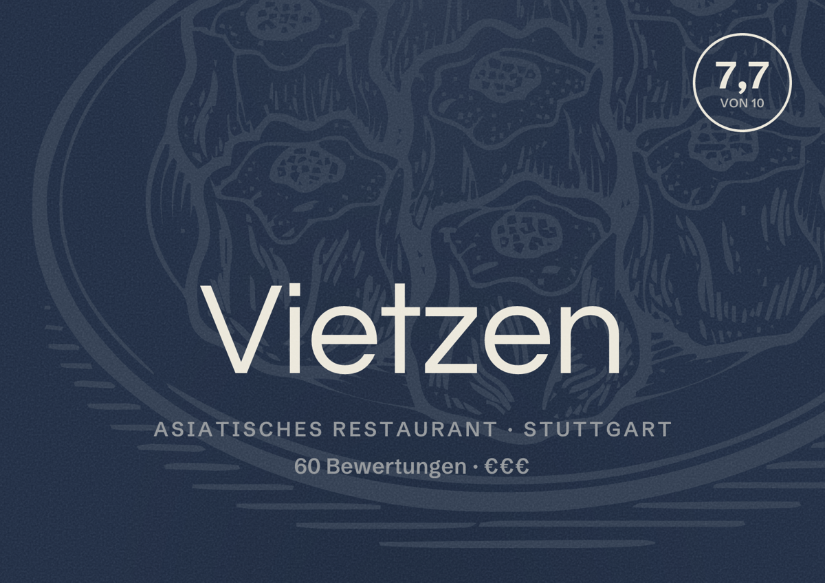 Illustriertes Poster von Vietzen, Asiatisches Restaurant in Stuttgart: Bewertung 7,7 von 10 aus 60 Bewertungen, Preisniveau €€€