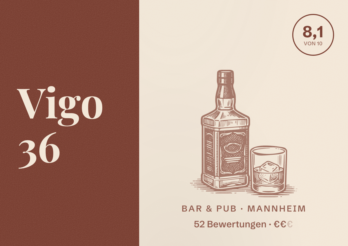 Illustriertes Poster von Vigo 36, Bar & Pub in Mannheim: Bewertung 8,1 von 10 aus 52 Bewertungen, Preisniveau €€