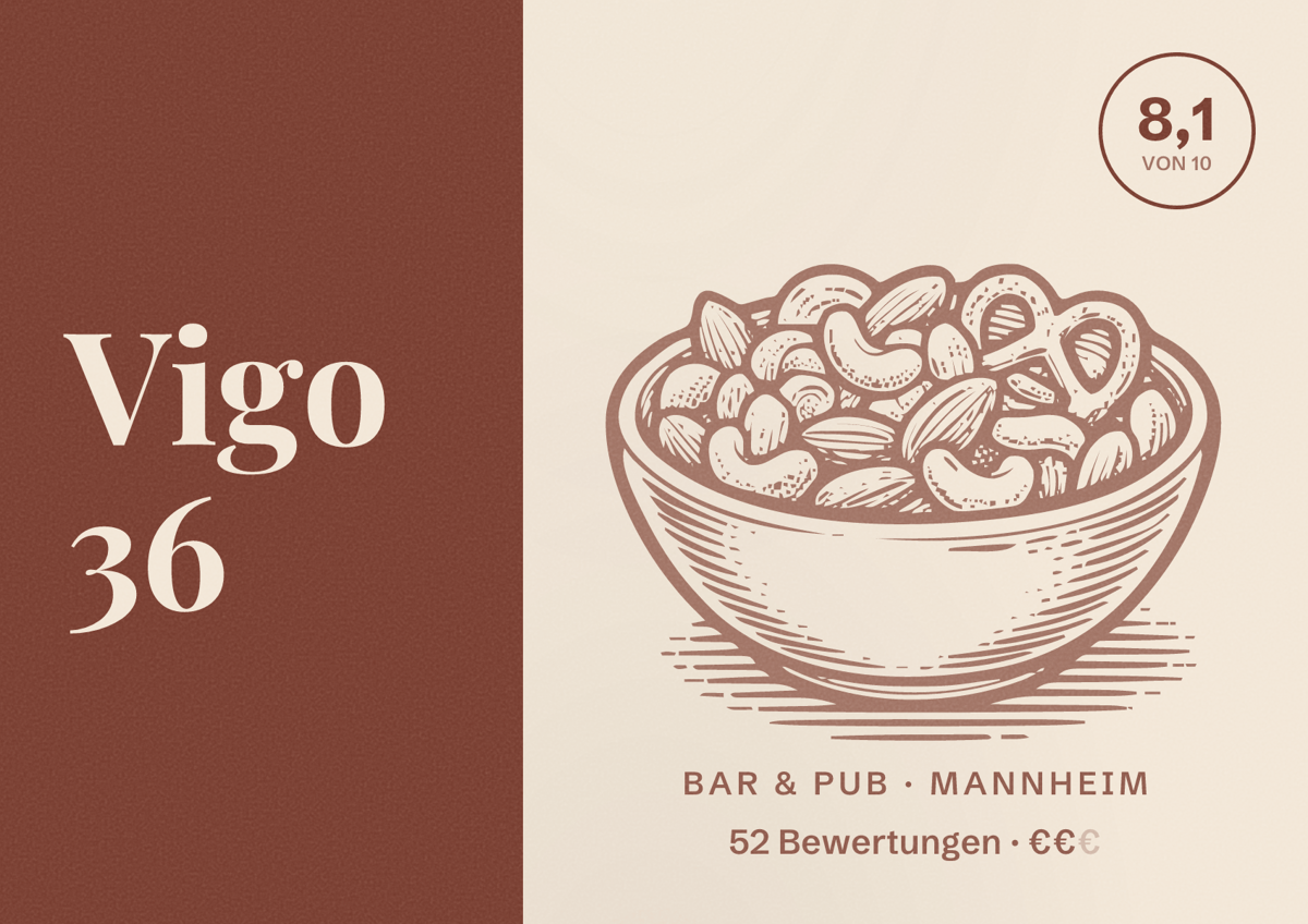 Illustriertes Poster von Vigo 36, Bar & Pub in Mannheim: Bewertung 8,1 von 10 aus 52 Bewertungen, Preisniveau €€