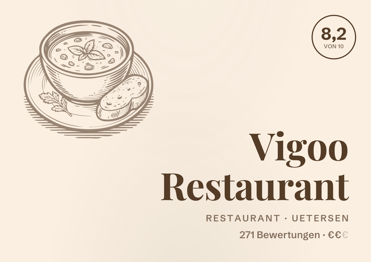 Illustriertes Poster von Vigoo Restaurant, Restaurant in Uetersen: Bewertung 8,2 von 10 aus 271 Bewertungen, Preisniveau €€