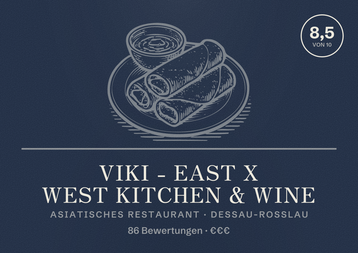 Illustriertes Poster von Viki - East x West Kitchen & Wine, Asiatisches Restaurant in Dessau-Roßlau: Bewertung 8,5 von 10 aus 86 Bewertungen, Preisniveau €€€