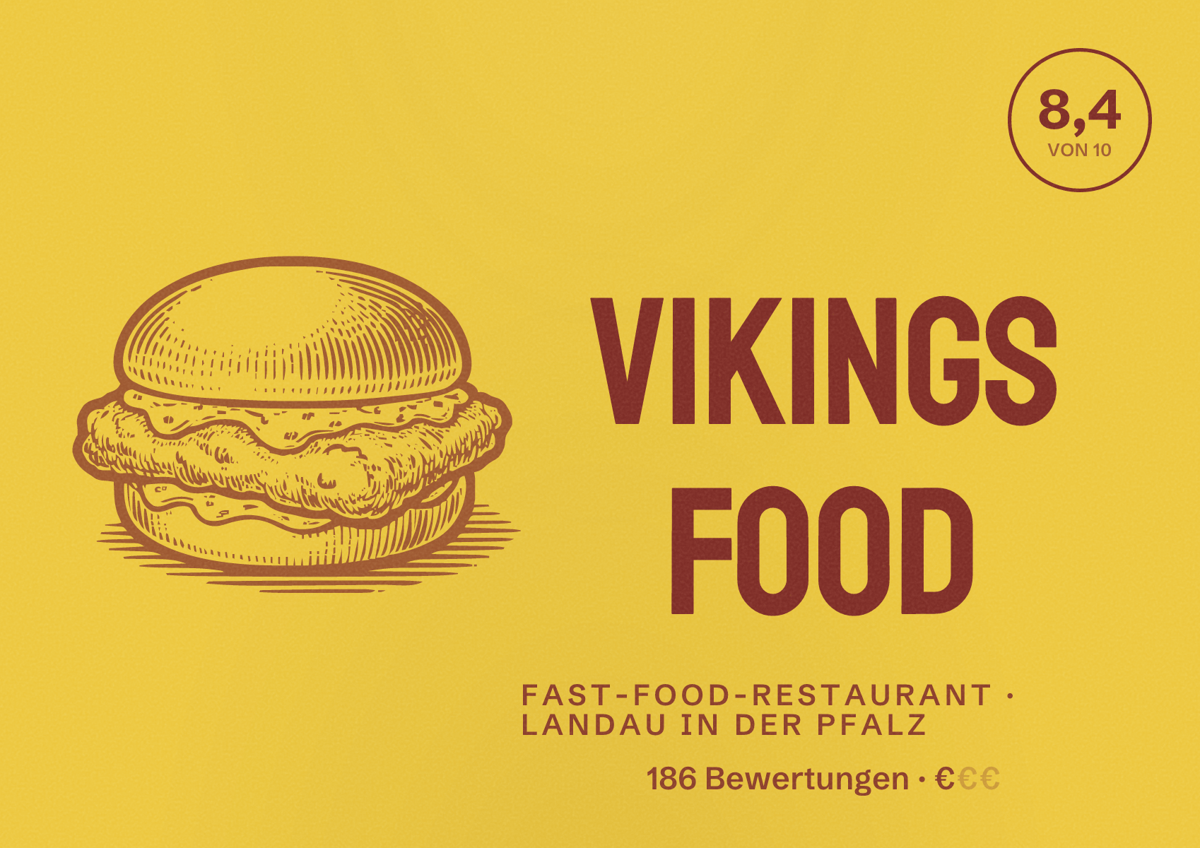 Illustriertes Poster von Vikings Food, Fast-Food-Restaurant in Landau in der Pfalz: Bewertung 8,4 von 10 aus 186 Bewertungen, Preisniveau €