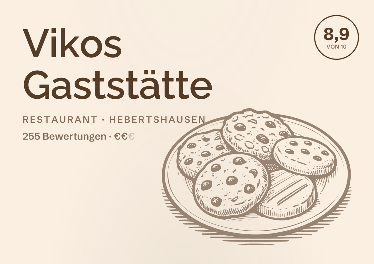 Illustriertes Poster von Vikos Gaststätte, Restaurant in Hebertshausen: Bewertung 8,9 von 10 aus 255 Bewertungen, Preisniveau €€