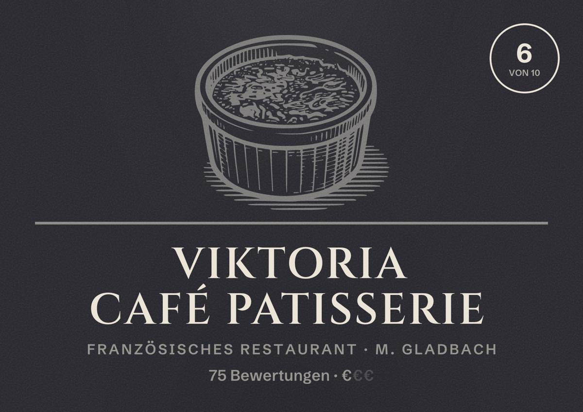 Illustriertes Poster von Viktoria Café Patisserie, Französisches Restaurant in M. Gladbach: Bewertung 6 von 10 aus 75 Bewertungen, Preisniveau €