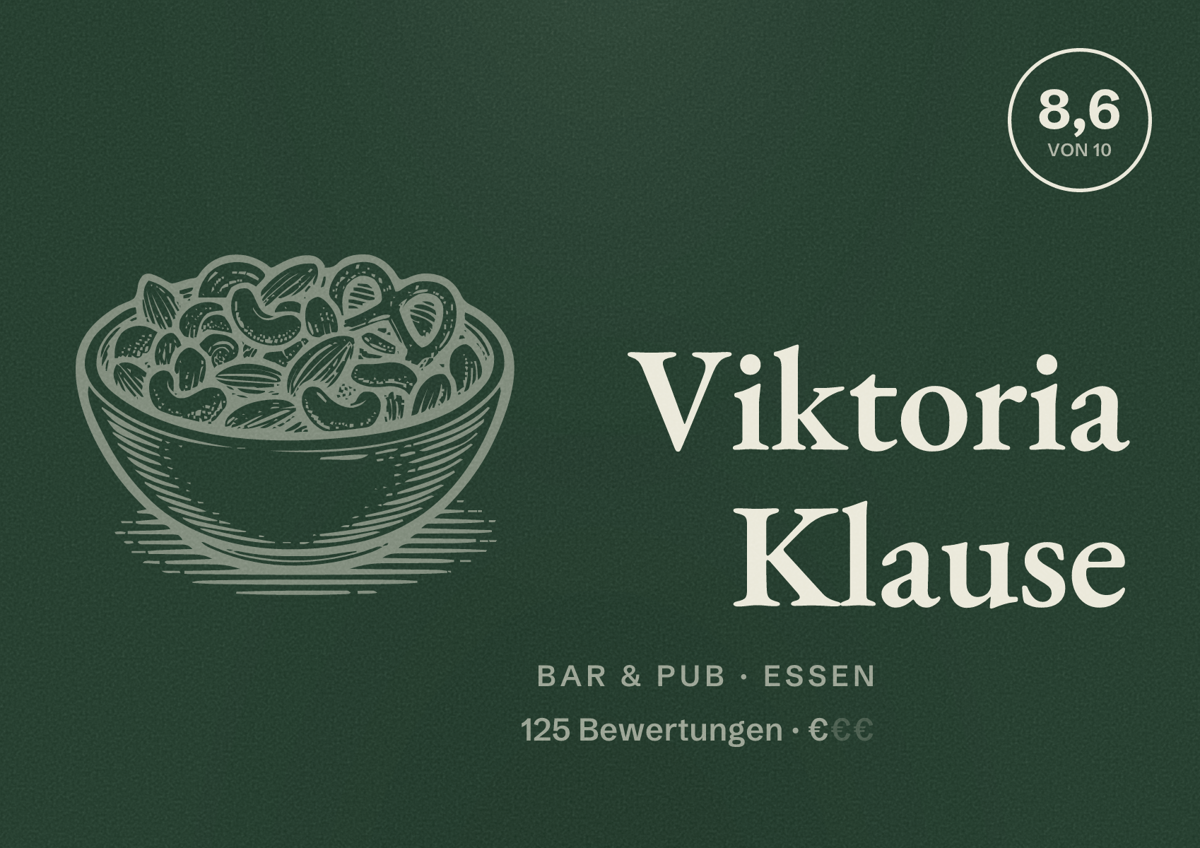 Illustriertes Poster von Viktoria Klause, Bar & Pub in Essen: Bewertung 8,6 von 10 aus 125 Bewertungen, Preisniveau €